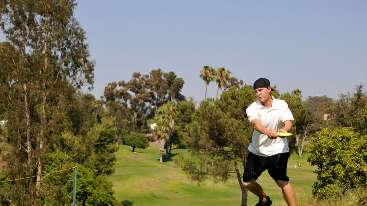 A disc golf course with a disc golf target in the background