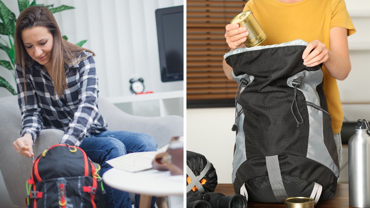 A woman packing her backpack for a day hike