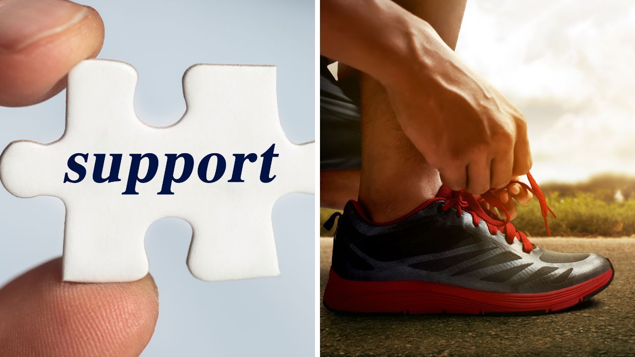 A person wearing supportive shoes to reduce plantar fasciitis pain