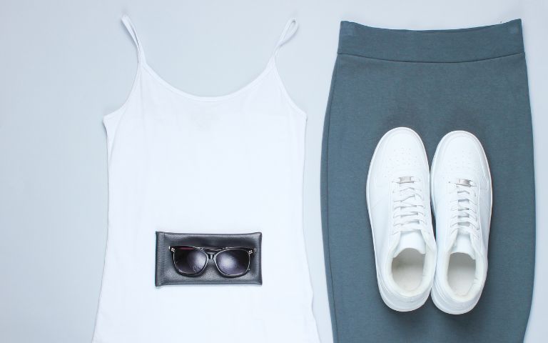 business casual dress, shirt, and white sneakers