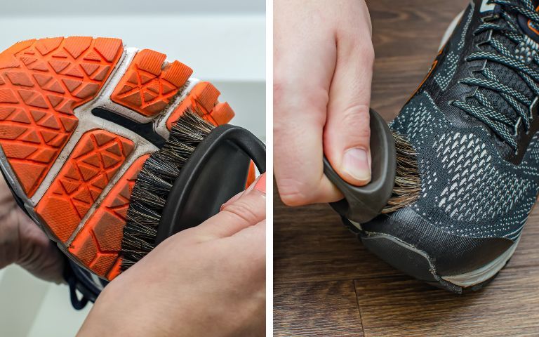 A runner taking care of their running shoes with a brush and cleaning solution