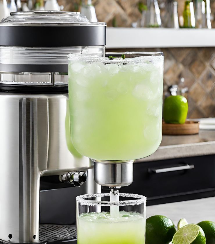 A picture of a margarita machine with a glass and limes next to it