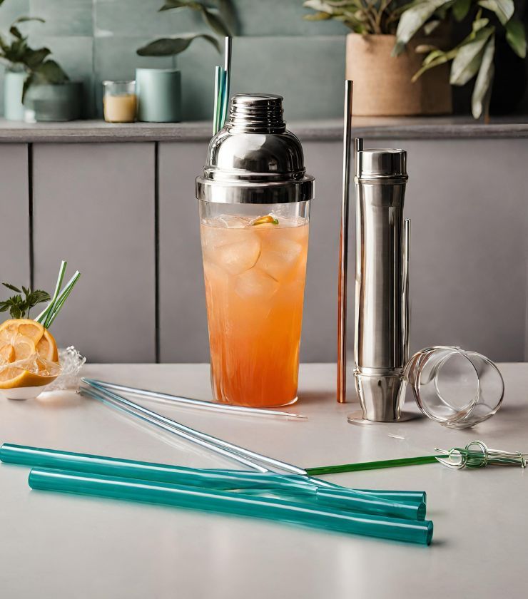 A picture of a glass rimmer, a cocktail shaker and reusable straws