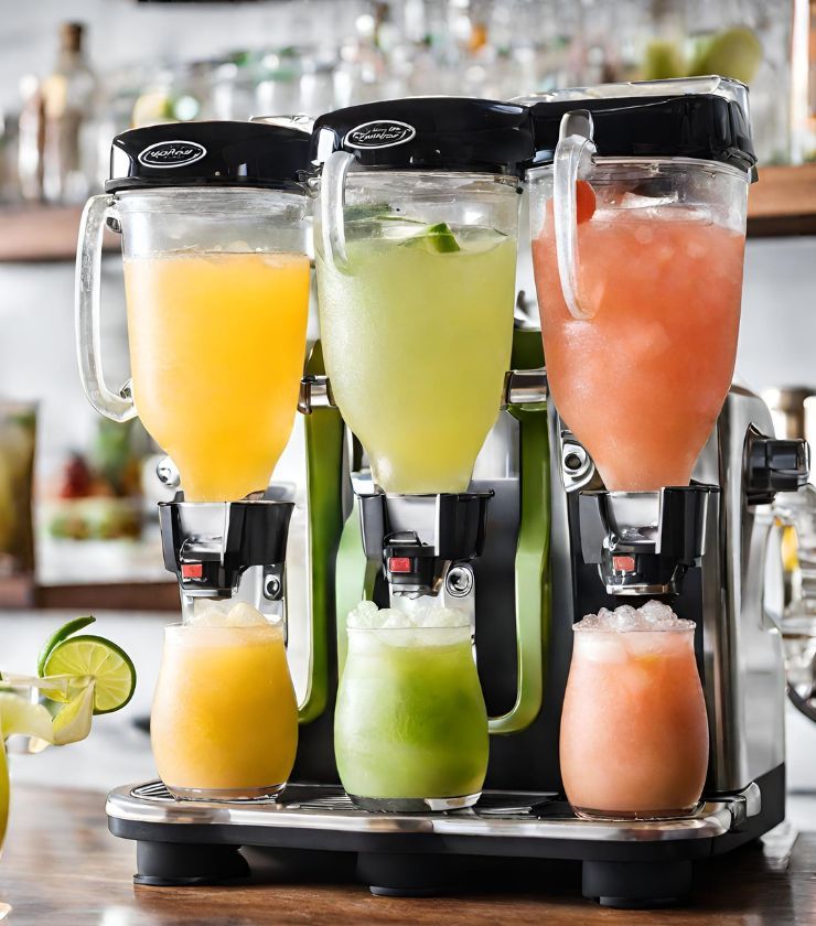 A picture of a margarita machine with a pitcher and a variety of frozen drinks