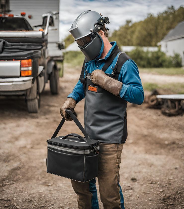 Welder carrying an insulated lunch bag and cooler