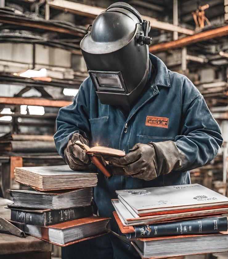 Welder holding welding books and manuals