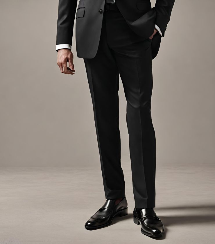 A man wearing a black suit and black dress shoes with a black tie