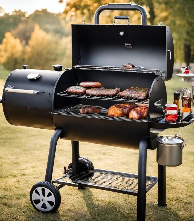 A picture of a smoker grill combo with multiple cooking racks, a built-in thermometer, and a spacious firebox for efficient smoking and grilling.